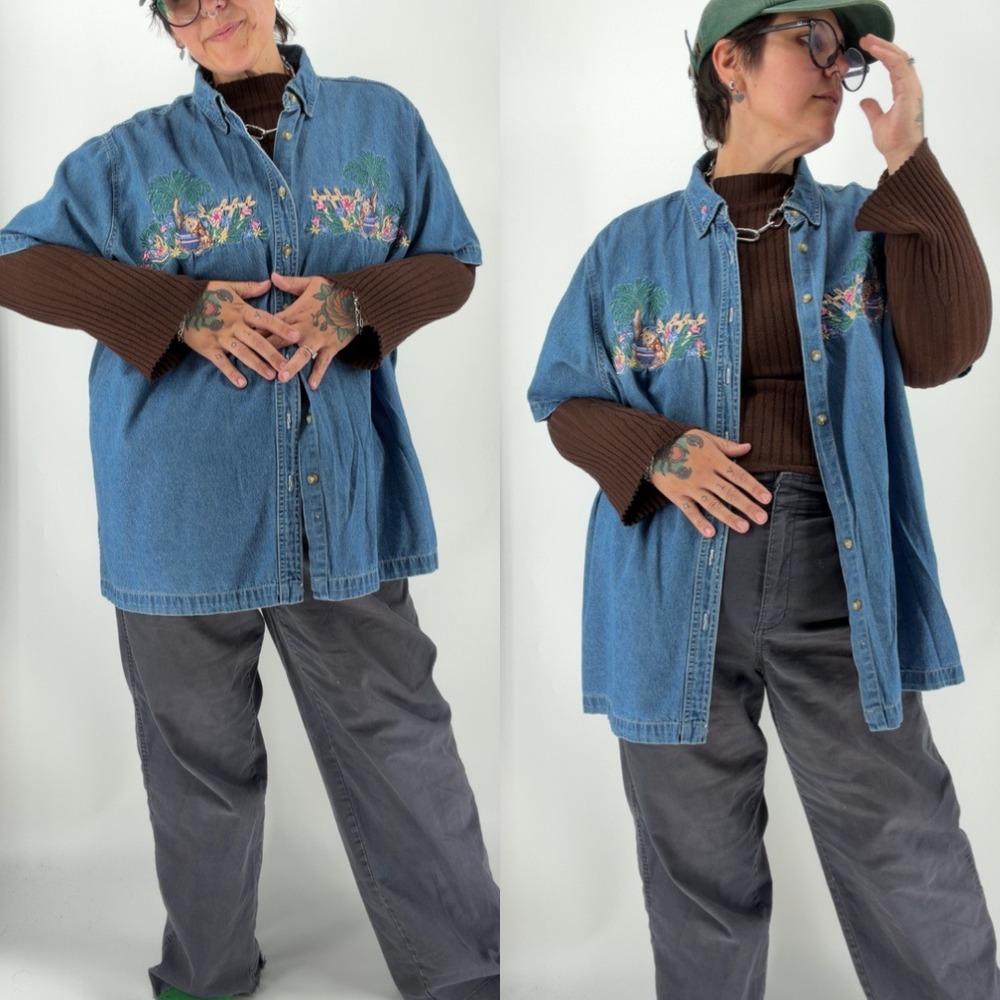 Vintage Bobbie Brooks embroidered denim shirt cottage teddy bear plus size 26/28